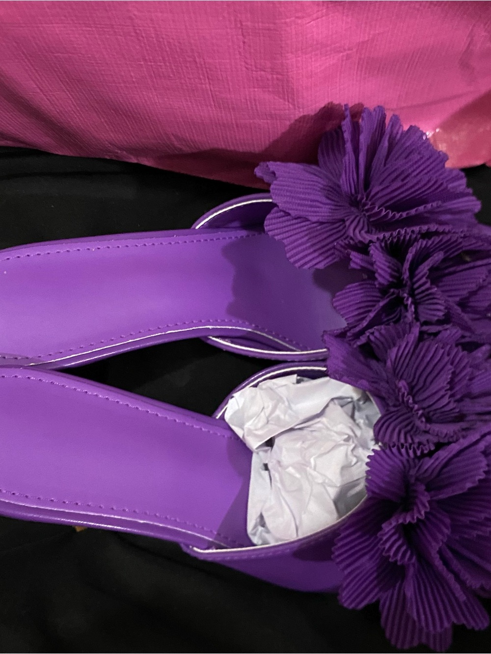 SHEIN Purple Floral Pleated Slide Heels